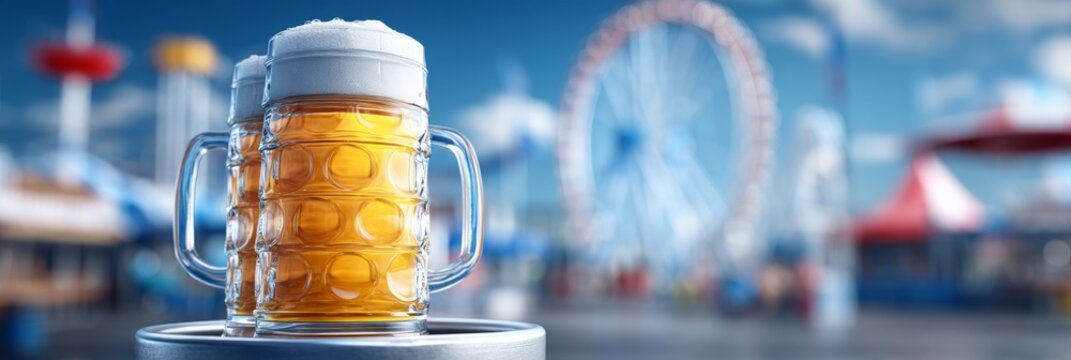 Towering Stack of Beer Steins in Vertical Column Against Festival Background
