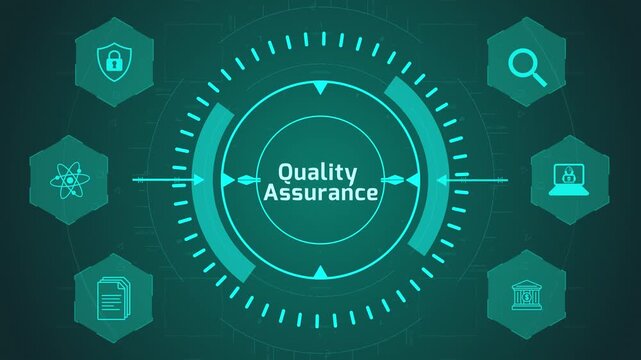 Quality Assurance Control Interface with Circular Digital System and Verification Icons on Dark Technology Background Representing Standards and Process Validation