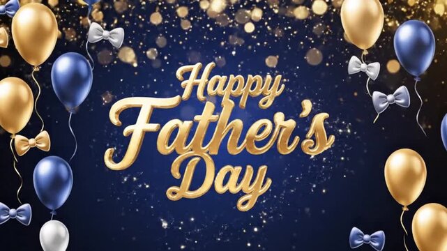 Happy father's day golden text animation on dark blue background with floating balloons and glitter.