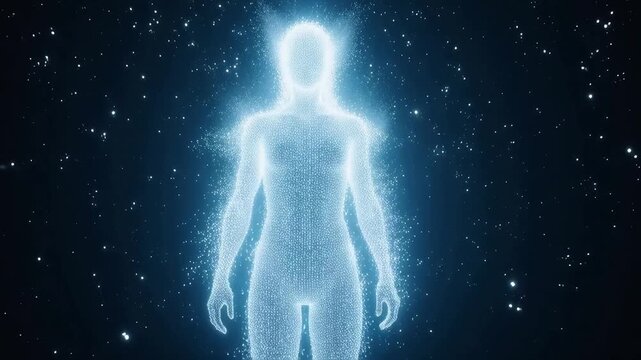 Human figure in glowing particles emphasizing speed, motion, and dynamic energy