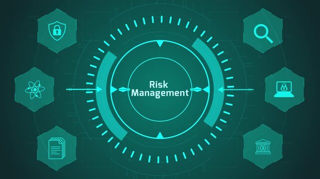 Risk Management Strategy Interface with Circular Digital System and Assessment Icons on Dark Technology Background Representing Threat Evaluation and Control