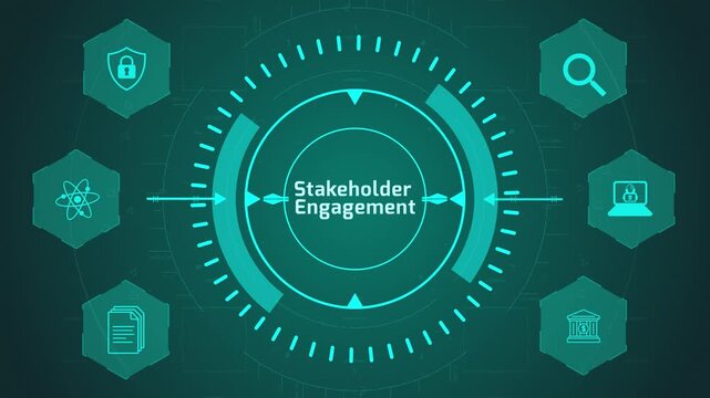 Stakeholder Engagement Strategy Interface with Circular Digital System and Communication Icons on Dark Technology Background Representing Collaboration and Feedback