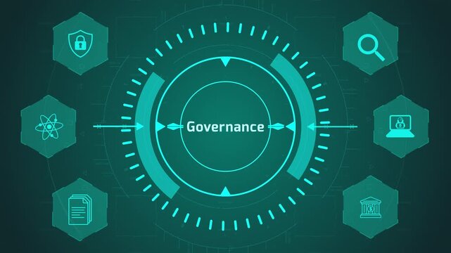 Governance Management Framework Interface with Circular Digital System and Control Icons on Dark Technology Background Representing Policy and Decision Structure
