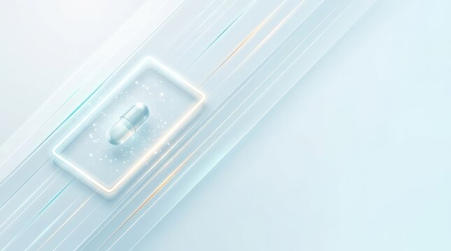 Translucent medicine capsule in glowing light cradle on pale clinical gradient with diagonal luminous lanes and clean copy space medical technology header