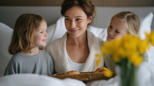 Mother receiving a handmade card from two young children on Mother's Day morning, breakfast tray in background, candid unposed joyful moment, family love, motherhood celebration, domestic warmth spr