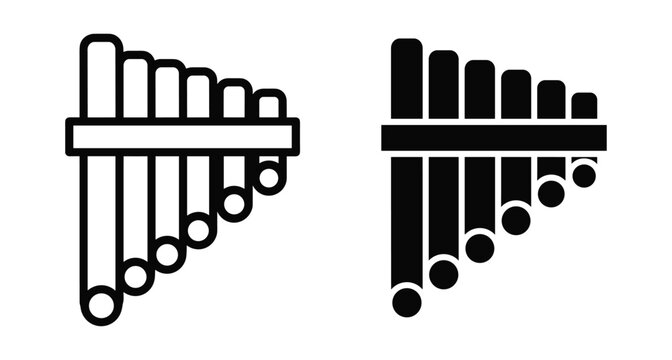 Pan flute musical instrument icon set featuring outline and solid silhouette styles for folk music wind instrument graphic design elements