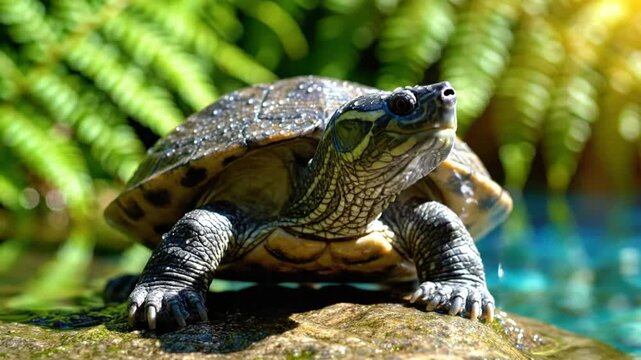 Close-up of a basking turtle on a rock with water in the background, a sunny day in nature.