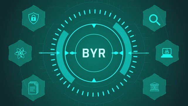 BYR Business Year Review Interface with Circular Digital System and Financial Icons on Dark Technology Background Representing Annual Performance and Reporting