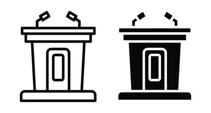 Podium lectern icon set with microphones for public speaking conference presentation debate speech event political press briefing seminar stage talk