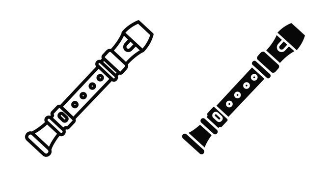Recorder flute musical instrument icon set with outline and solid glyph styles for music education school band and woodwind performance