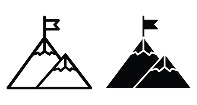 Mountain peak icon set with flag on top representing success achievement goal mission completion progress leadership and reaching the summit