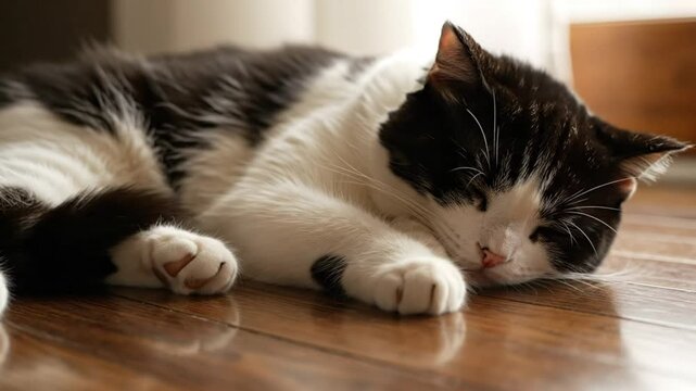 Black and white cat resting on wooden floor purring softly during nap in bright daylight near window