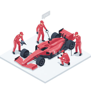 Stylized 3D isometric red racing vehicle and five pit crew in red jumpsuits, engaged in a synchronized pit stop with speech bubbles in a clean studio. High-speed teamwork concept