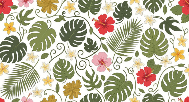 Tropical leaves and colorful flowers pattern.