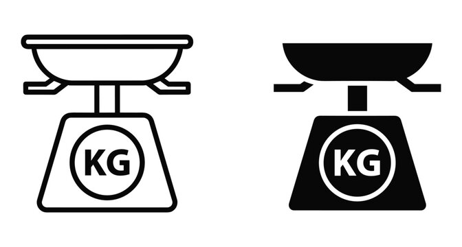 Kitchen scale icon set showing weight measurement in kilograms with outline and solid black styles for cooking and food preparation