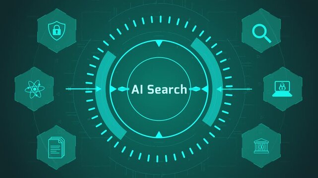 AI Search Engine Interface with Circular Digital System and Query Icons on Dark Technology Background Representing Intelligent Data Retrieval and Results