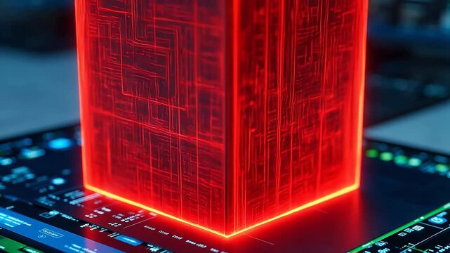 Red glowing cube with digital patterns for culinary showcases and restaurant branding