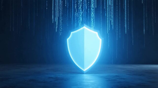 Blue glowing shield with binary code perfect for social media campaigns and vlogs