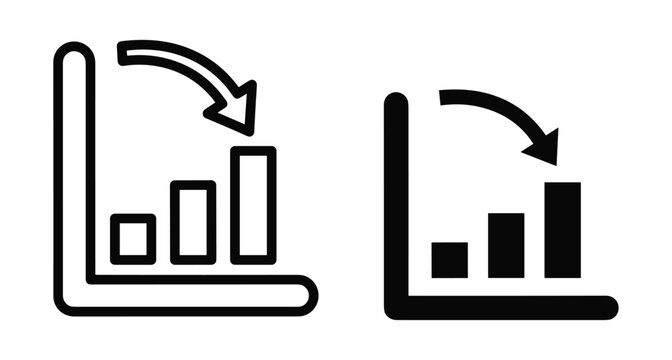 Bar chart icon set showing financial loss with downward arrow representing market crash economic recession business decline and negative statistics