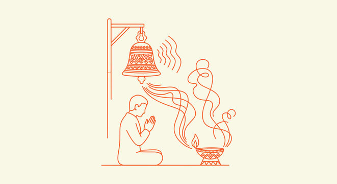 Minimalist Line Art of Man Praying in Temple with Hanging Bell and Burning Diya Oil Lamp Illustration