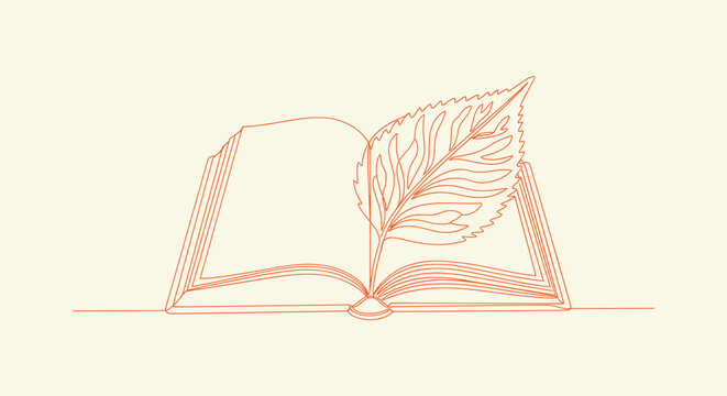 One line art illustration of an open book with a leaf symbolizing ecological knowledge and growth.