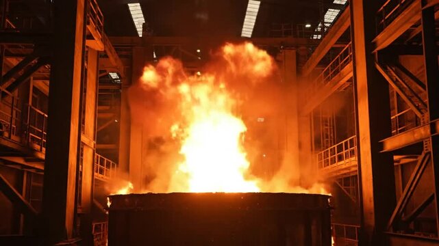 Industrial Furnace Spewing Flames and Gases in Steel Manufacturing Plant with Burning Metal Inside