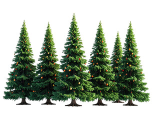 Fototapeta premium Row of lush green christmas trees with dense branches and colorful ornaments