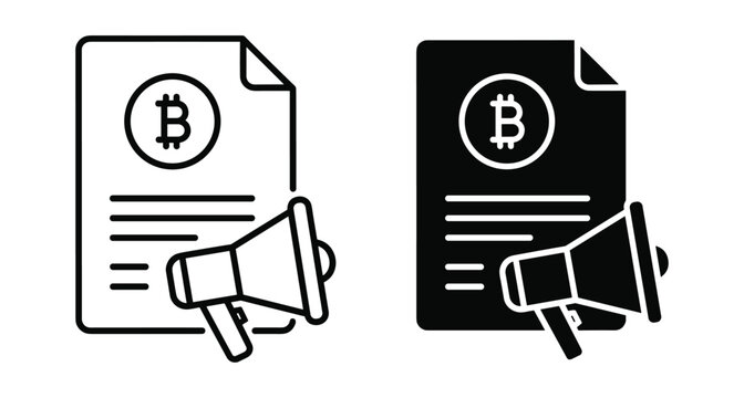 Bitcoin marketing announcement icon set featuring document with cryptocurrency symbol and megaphone for digital finance promotion and blockchain news advertising