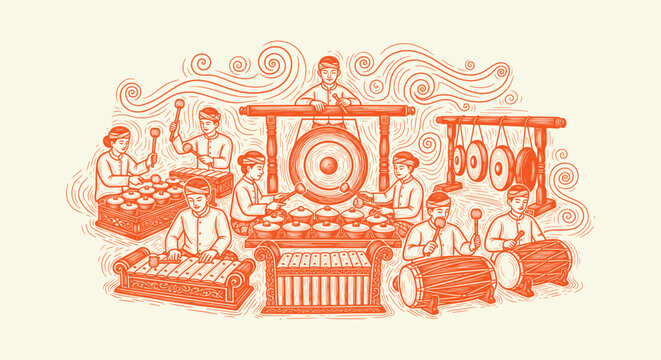 Traditional Indonesian Gamelan Music Ensemble Performance Hand Drawn Illustration Woodcut Style Art