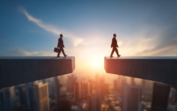 Business professionals walking across elevated skybridge during sunset