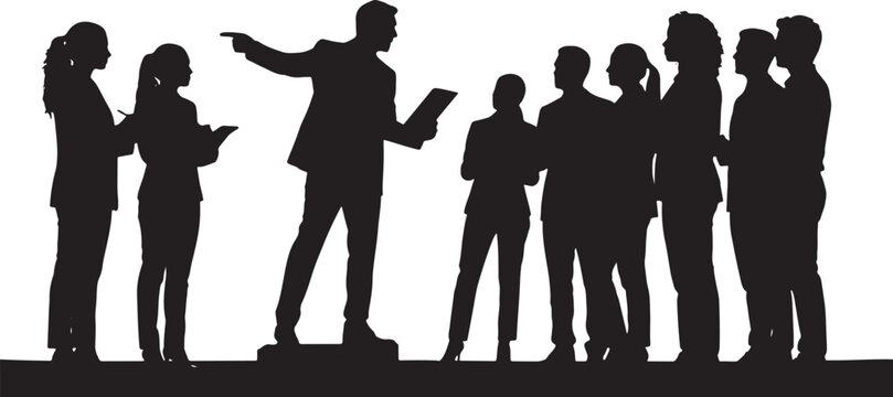 Black vector silhouette of a businessman leader pointing and giving instructions to a group of professional colleagues during a corporate meeting or presentation