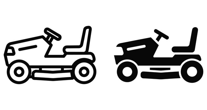 Riding lawn mower icon set featuring outline and solid black silhouette designs for gardening landscaping equipment and yard maintenance tools