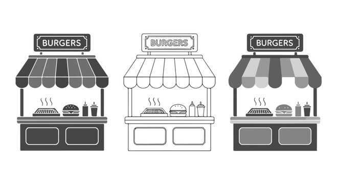 Set of black and white food truck icons with burger signs and various cooking equipment