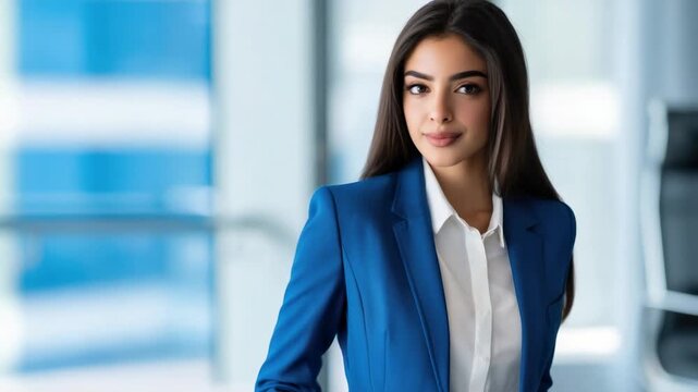 Business meeting takes place in modern office building with a confident woman in a blue suit displaying professionalism and focus during the discussion