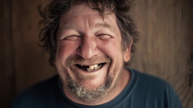 Happy man smiles widely showing his missing teeth in close-up during a candid moment at home in the morning light