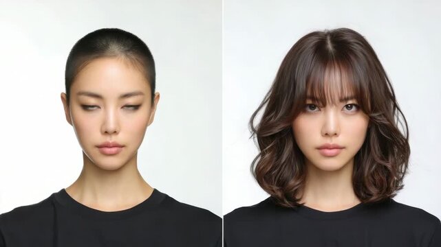 Hair transformation process showing change from shaved head to long hairstyle with bangs
