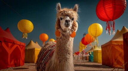 Fototapeta premium Charming Alpaca with Oversized Round Earrings at Colorful Festival Setting