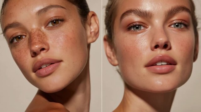 Model showcases natural makeup techniques during a photoshoot in a studio setting with good lighting in the morning