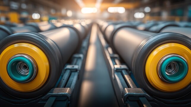 Stacked Rollers in Parallel Lines with Bright Industrial Background