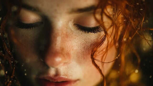 Close up of a young person with red hair looking directly at the camera in a creative lighting setup with soft water droplets