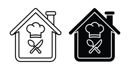 Fototapeta premium Home cooking icon set featuring chef hat spoon and knife inside house symbol for restaurant delivery catering and kitchen services