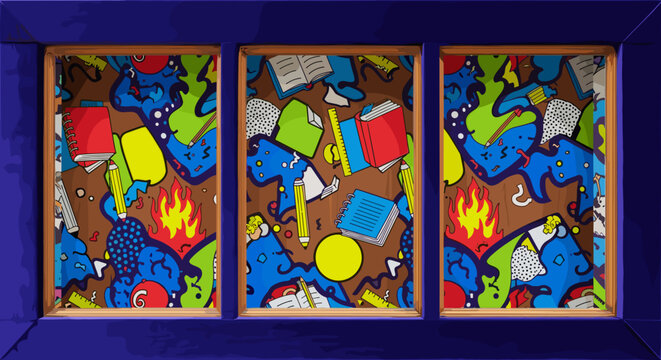 Triptych artwork featuring blue creatures amidst colorful objects and flames