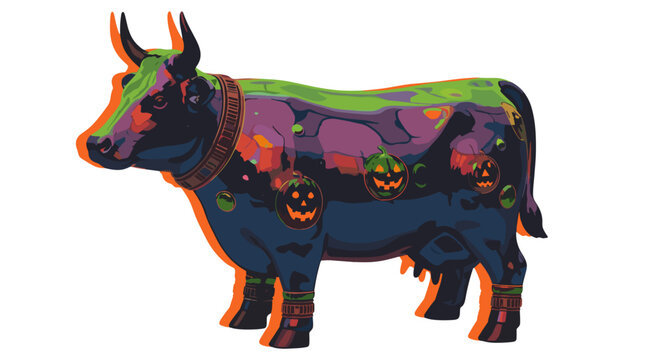 Vibrant cow illustration with halloween jackolanterns and colorful patterns