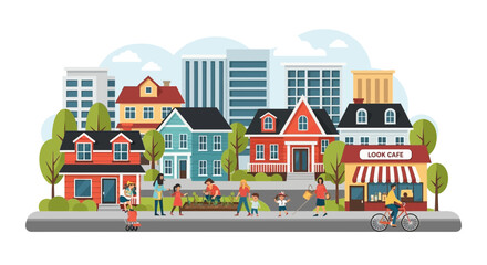 Obraz premium Vibrant Community Living Depicted With Colorful Houses, People, Trees, and Business in the City