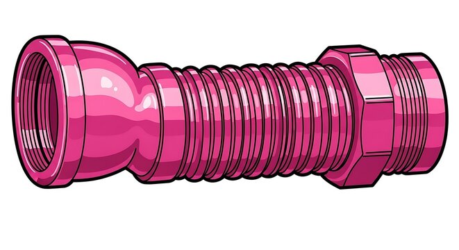 Bright pink, flexible, threaded pipe connector with a smooth, curved section