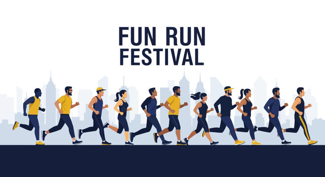 Vibrant Illustrated Fun Run Festival Celebrating Fitness, Community, And Urban Lifestyle