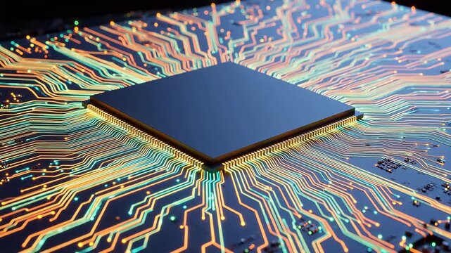 Closeup of a circuit board with a central chip symbolizing peace, mindfulness, and relaxation