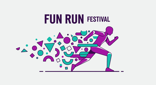 Vibrant Fun Run Festival Illustration Depicting Running Human Silhouette With Geometric Shapes