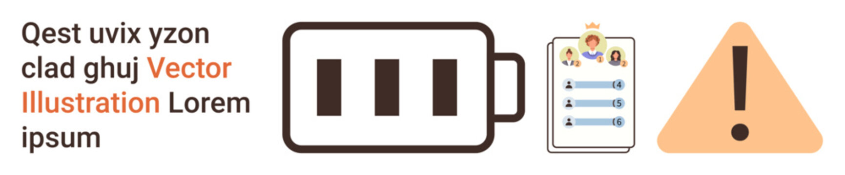 Productivity, teamwork, warning signs, task management, energy levels, alerts. A battery icon, checklist with people icons and warning triangle. Productivity and teamwork concepts