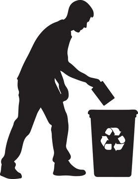 Black vector silhouette of a man throwing waste into a recycling bin representing environmental responsibility and sustainable waste management practices
